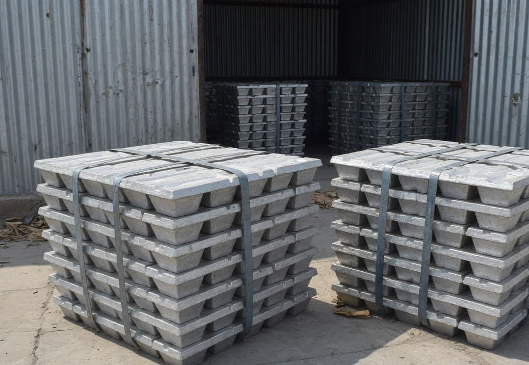 Steel-strapped bundles of small notched aluminium ingots outside a shed
