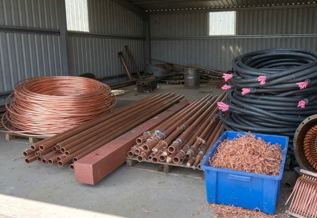 Separate piles of bright copper wire, pipe, insulated cable, turnings, a motor and a copper radiator