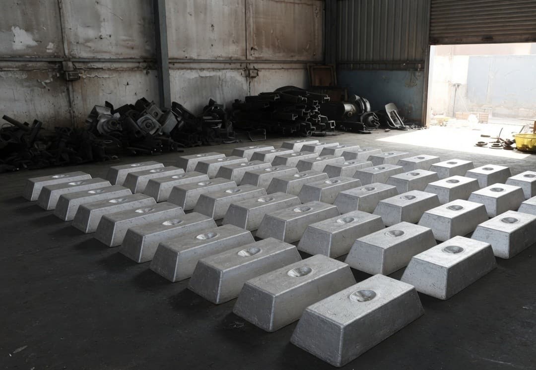 Rows of trapezoidal silver-grey aluminium ingots