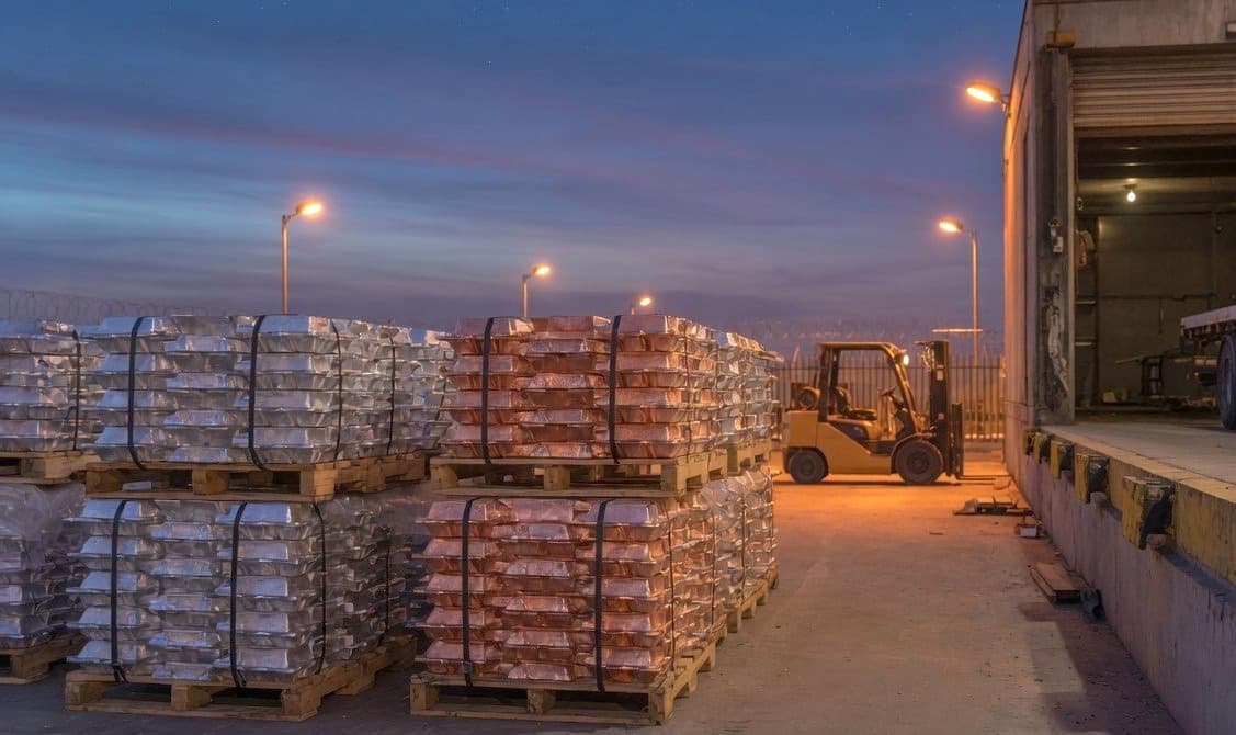 Pallets of aluminium and copper ingots waiting to be loaded at dusk