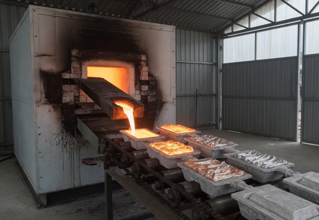 Aluminium melting furnace pouring into ingot moulds on a chain conveyor