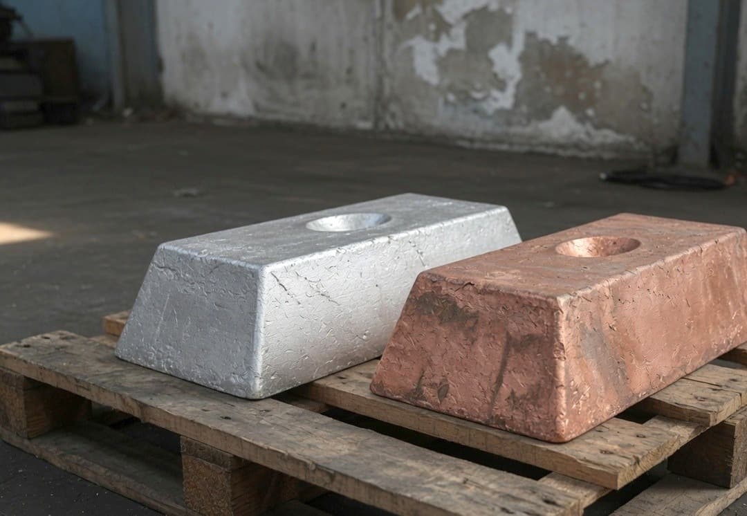 Aluminium and copper ingots side by side