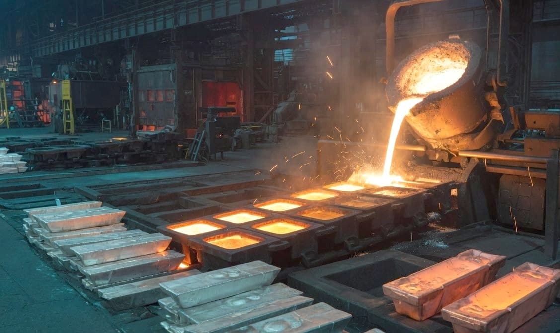 Molten metal poured from a crucible into ingot molds