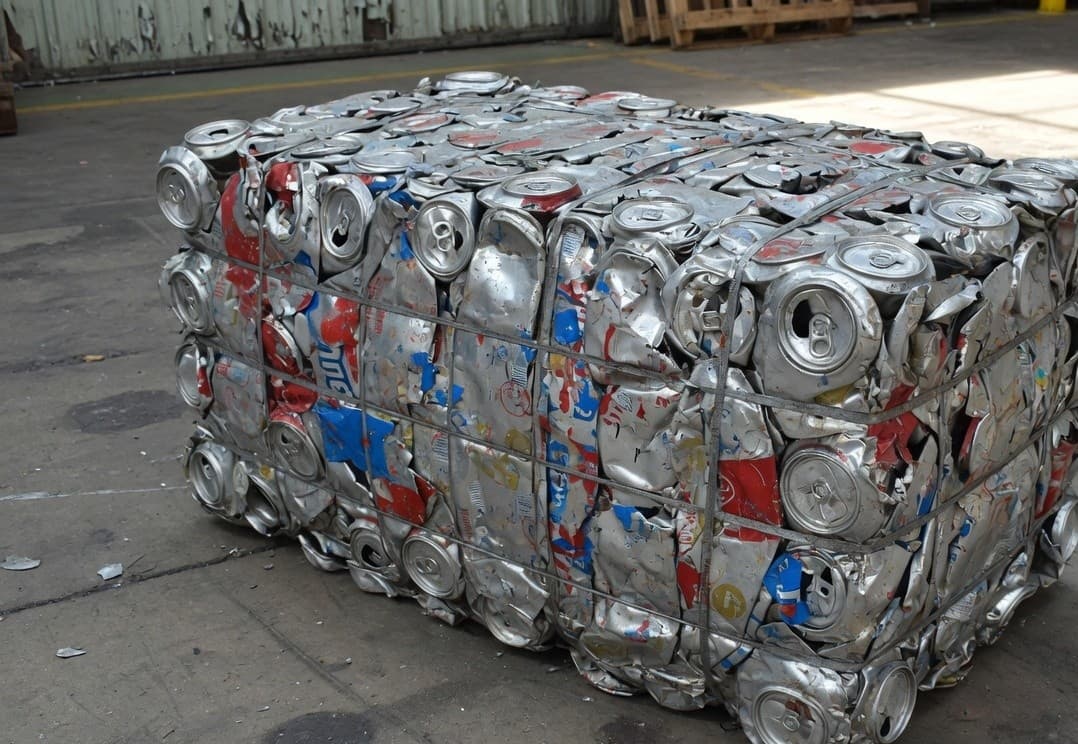 A strapped bale of crushed aluminium drink cans