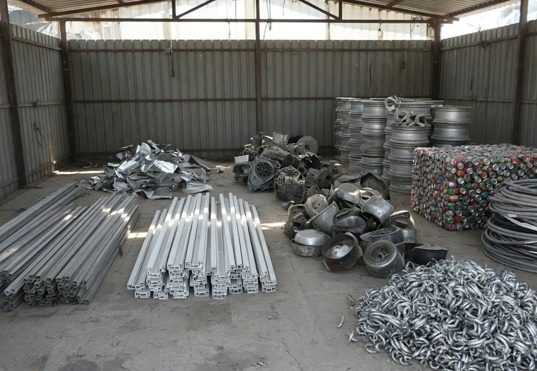 Separate piles of aluminium extrusion, sheet, castings, wheels, cans, cable and turnings