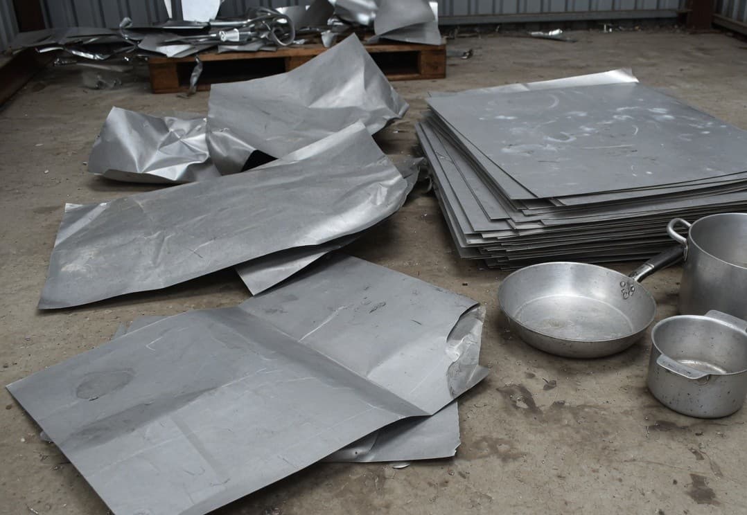 Crumpled aluminium sheet, a stack of flat sheet, and plain pots