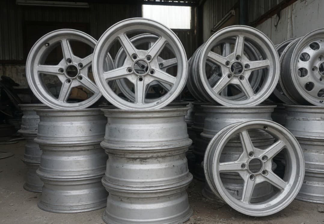 Bare aluminium alloy wheels stacked without tyres