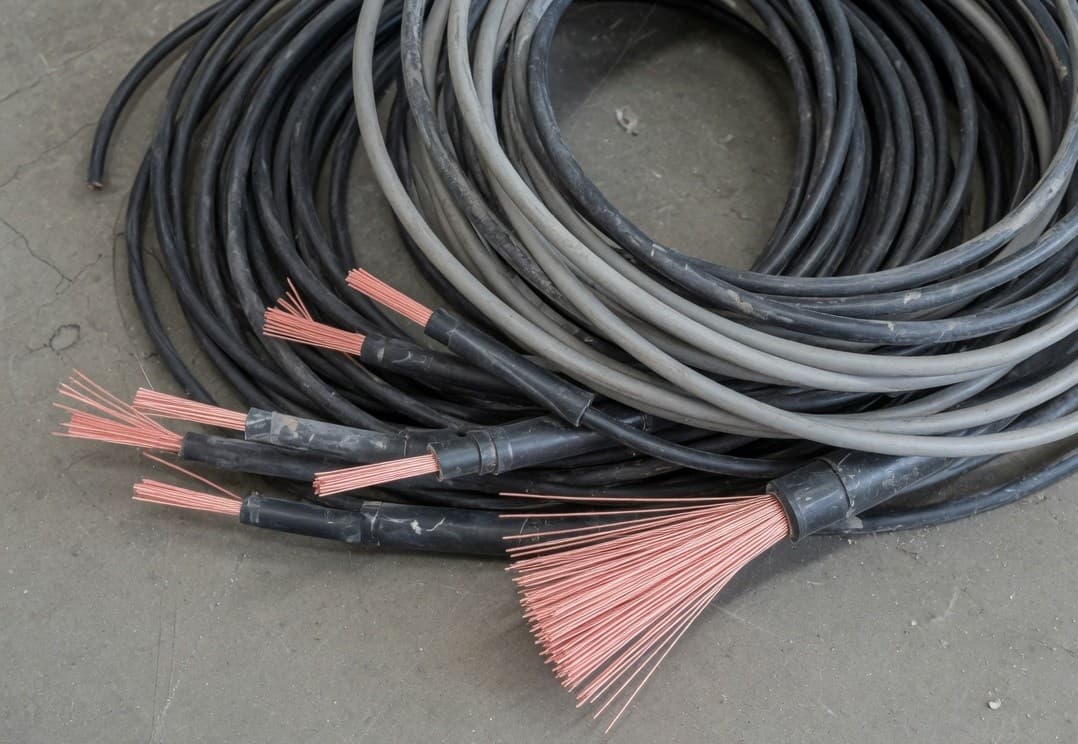 Black insulated cable with salmon-pink copper strands at the cut ends