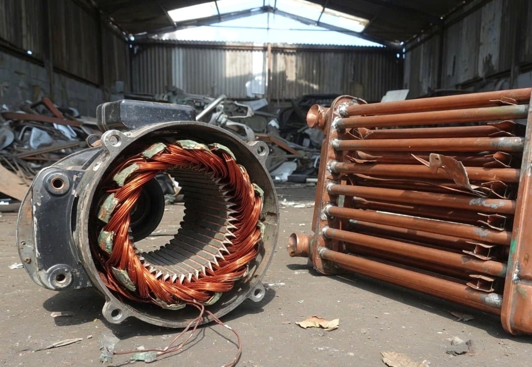 An opened electric motor with copper windings beside a copper-tube radiator