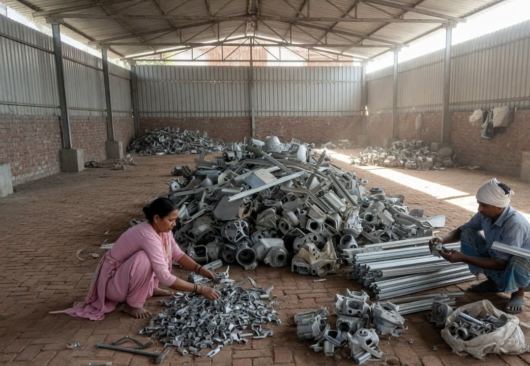 Two people sorting cast aluminium and extrusion offcuts inside a shed