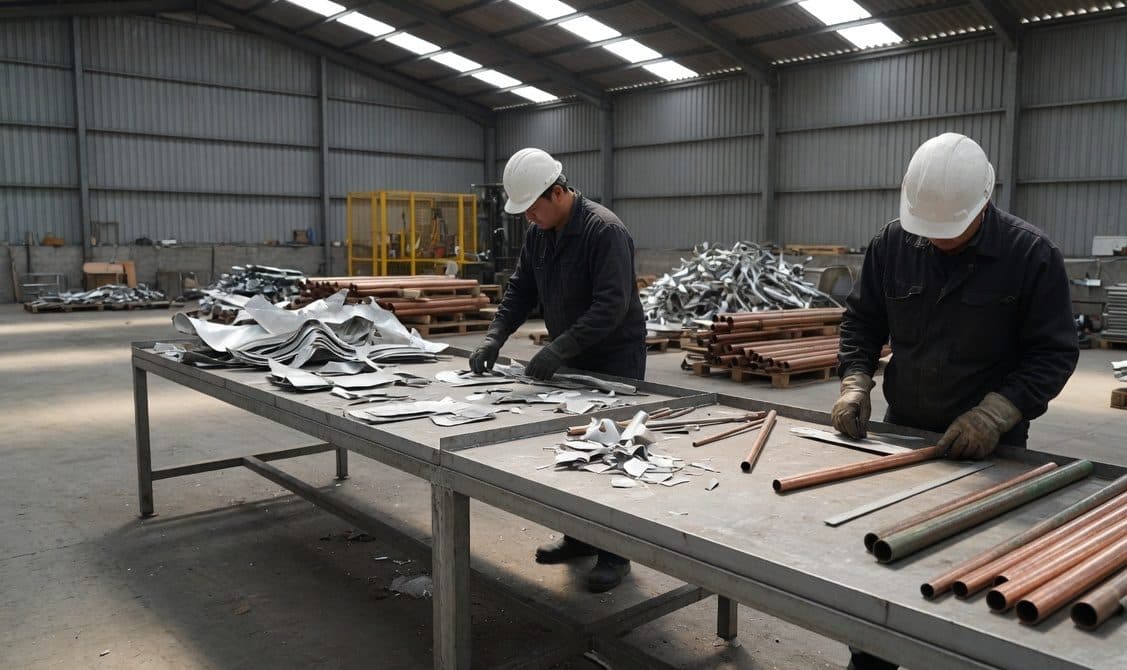 Workers sorting aluminium sheet and copper pipe on a long steel table