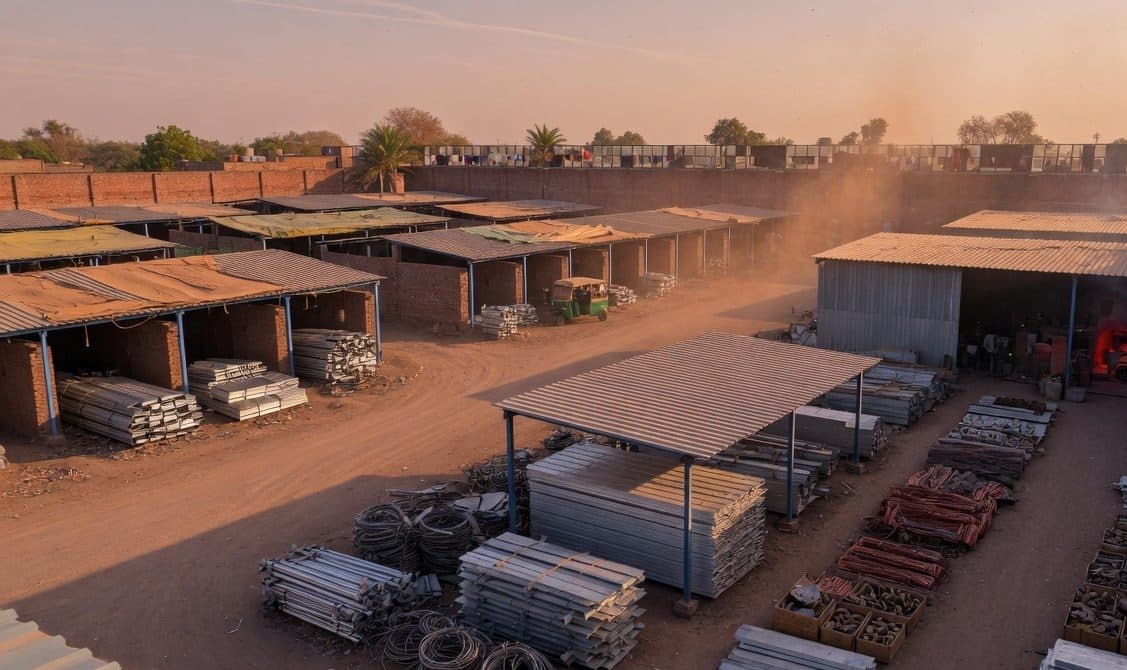A metals yard at dusk in north India